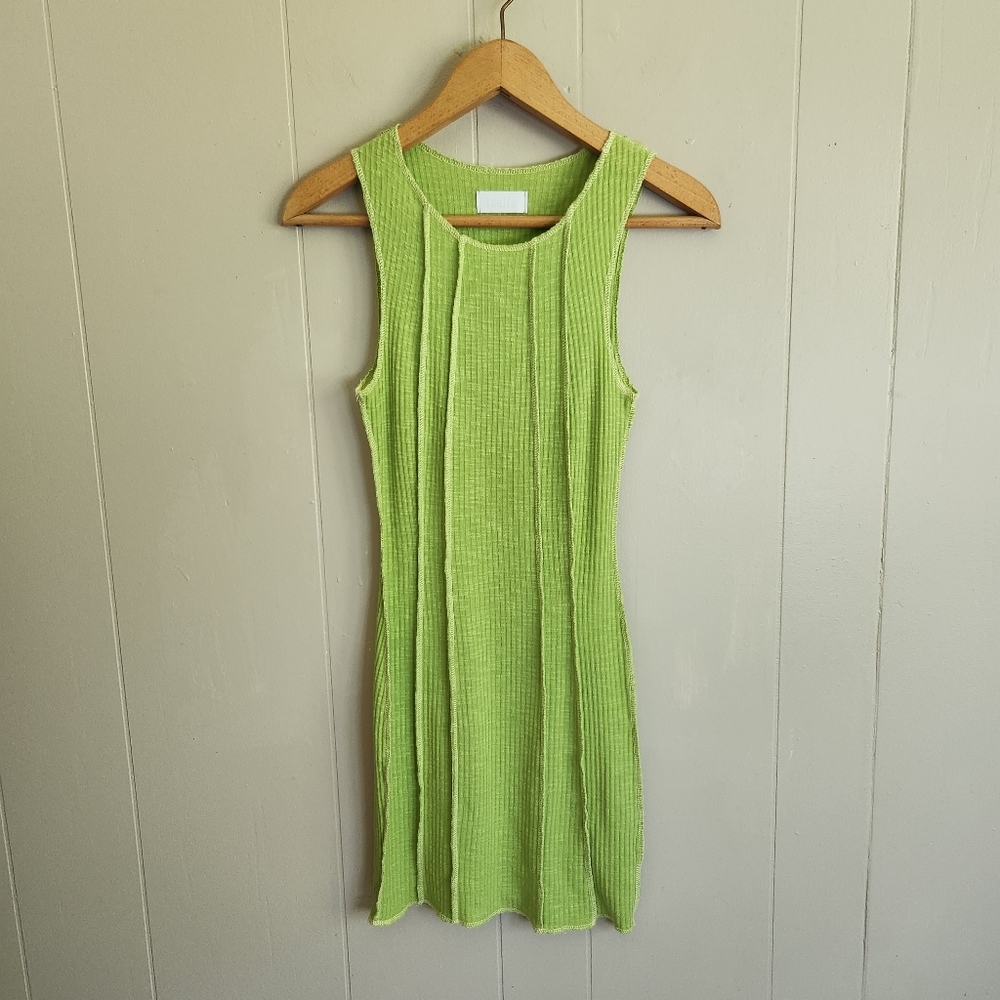 isalis bodycon jersey tank dress rib knit lime green exposed seams S